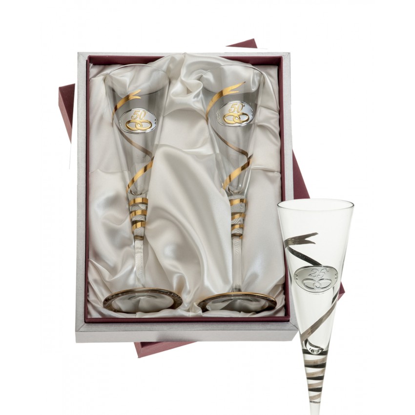 Bandeja de Cristal Bodas de Plata/Oro Aplique bilaminado. Set/Estuche de 2 Copas de champán para Novios Aniversarios colección GASTRO-25 Aniversario 